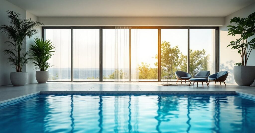 Pompe à chaleur piscine installée près d'une piscine extérieure moderne par temps ensoleillé