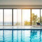 Pompe à chaleur piscine installée près d'une piscine extérieure moderne par temps ensoleillé