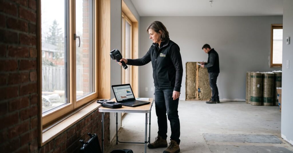 Audit énergétique maison : diagnostic thermique réalisé par un expert dans un intérieur résidentiel moderne