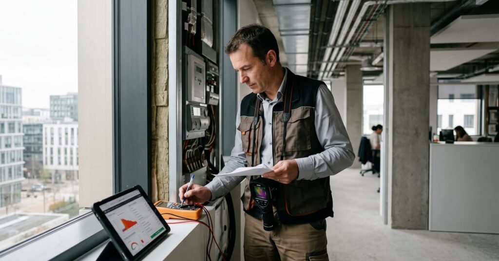 Bilan énergétique d'un bâtiment moderne analysé par un expert en gestion comptable