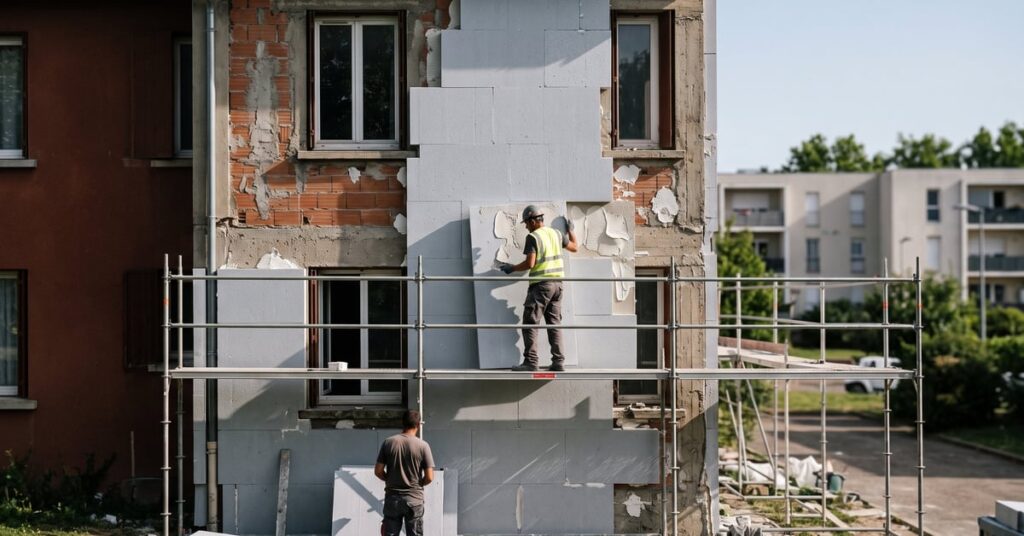 Isolation thermique par l'extérieur : pose de panneaux isolants sur façade de maison