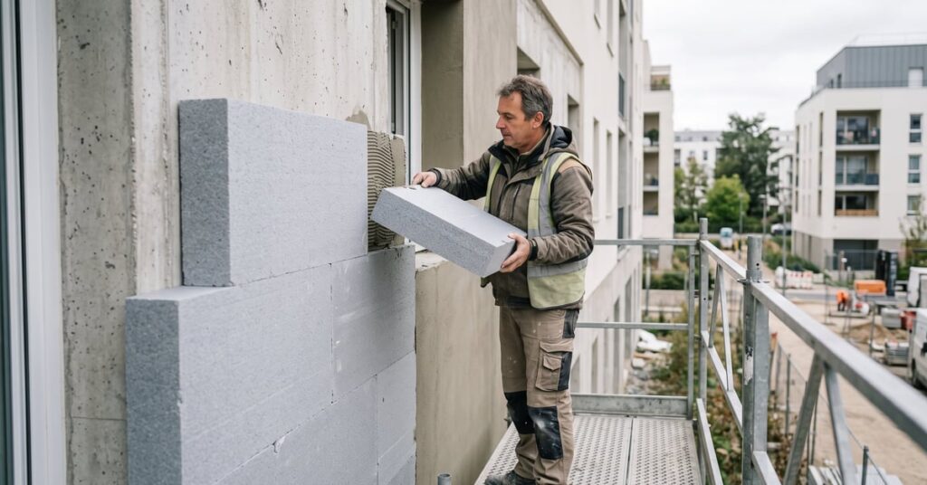 Isolation thermique extérieure d'une maison avec pose de panneaux isolants sur façade