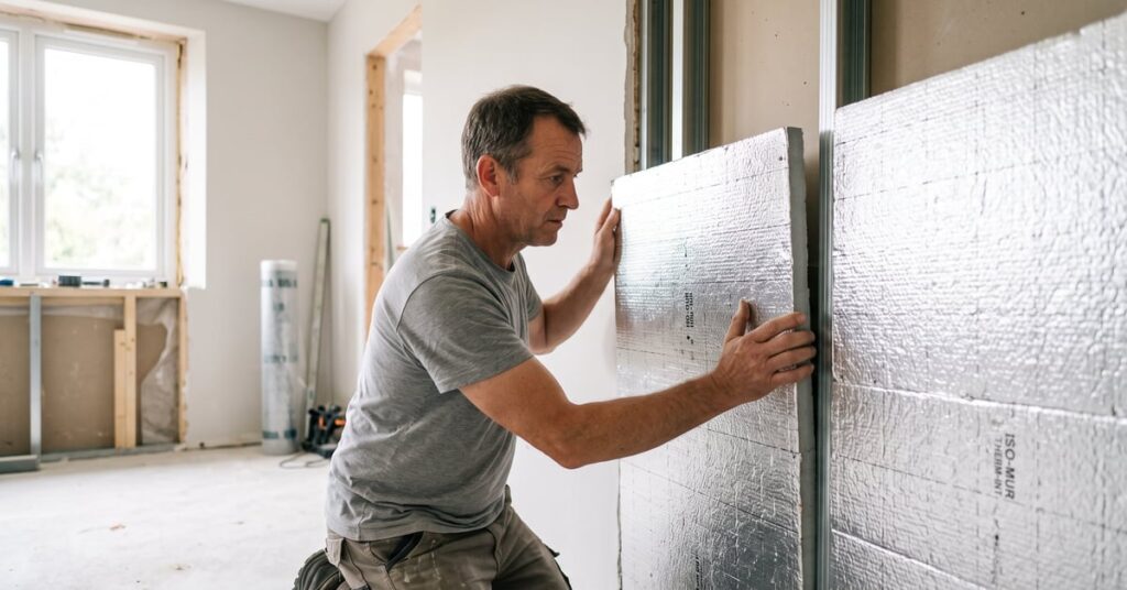 Isolation thermique des murs par l'intérieur avec panneau isolant posé sur mur en béton