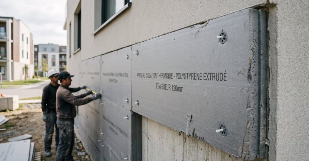 Panneau isolation thermique en laine de roche posé sur un mur, matériau de construction moderne