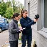 Artisan d'une entreprise de rénovation énergétique inspectant l'isolation d'un bâtiment moderne